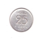 Moneda Suedia 25 ore 1958, stare foarte buna, curata, Europa, Argint