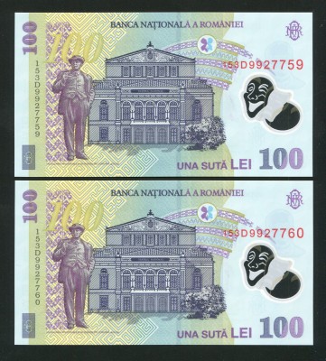 q424 PERECHE CONSECUTIVA 100 LEI 2015 POLIMER UNC NECIRCULATA seriile 153D9927759 si 153D9927760 foto