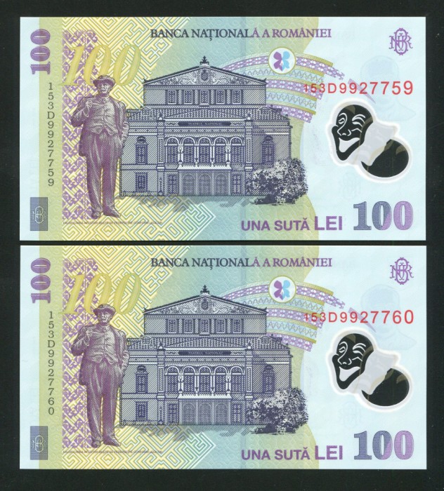 q424 PERECHE CONSECUTIVA 100 LEI 2015 POLIMER UNC NECIRCULATA seriile 153D9927759 si 153D9927760