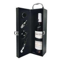 Caseta eleganta din piele ecologica pentru o sticla si 4 accesorii pentru vin