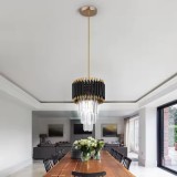 Greelustr Candelabru FG-D23, Cndelabru modern aluminiu+cristal capiz, 3 randuri, pentru bucatarie, dormitor, sufragerie, negru/auriu