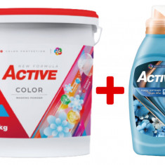 Detergent pudra pentru rufe colorate Active, galeata 5kg, 65 spalari + Balsam de rufe Active Magic Blue, 1.5 litri, 60 spalari