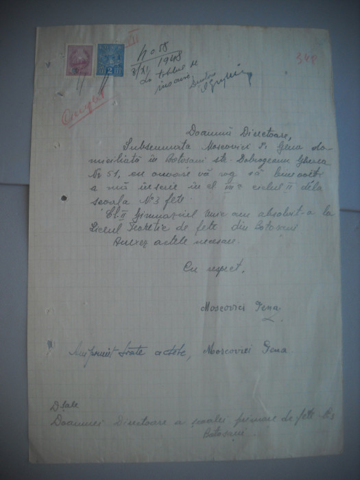 HOPCT DOCUMENT VECHI NR 428 MOSCOVICI GENA-EVREU-SCOALA NR 3 FETE BOTOSANI 1948