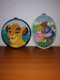 Pereche tablou cusut brodat pentru copii decor de perete cu Lion King si ursuletul ursuletii Teddy Bear rama ovala rotunda