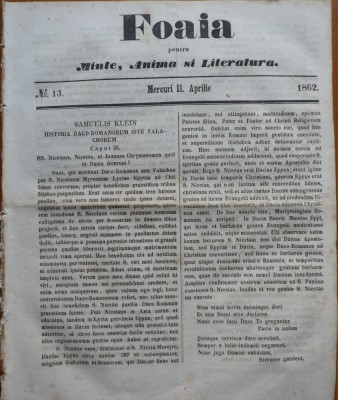 Ziarul Foaia pentru minte , inima si literatura , nr. 13 , 1862 , Samuel Klein foto