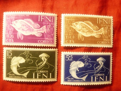 Serie IFNI colonie spaniola 1954 - Ziua Timbrului - Fauna acvatica , 4 valori foto