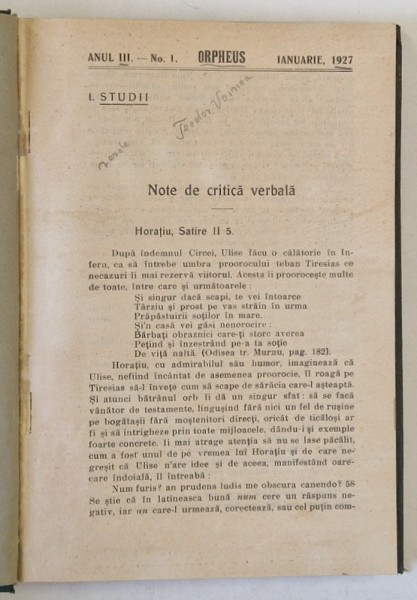 ORPHEUS , REVISTA PENTRU CULTURA CLASICA , ANUL III COMPLET , COLEGAT DE 5 NUMERE , IAN. - DEC. 1927