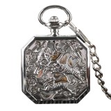 Ceas de buzunar Gorben PM031 Argintiu - Mecanic, Afișaj cu Cifre Romane, Capac cu Tigrii, Cu Lant Vintage Retro