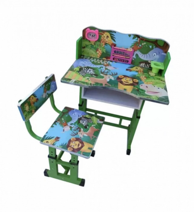 Birou cu scaun pentru copii, reglabile, cadru metalic si lemn, verde, Jungla