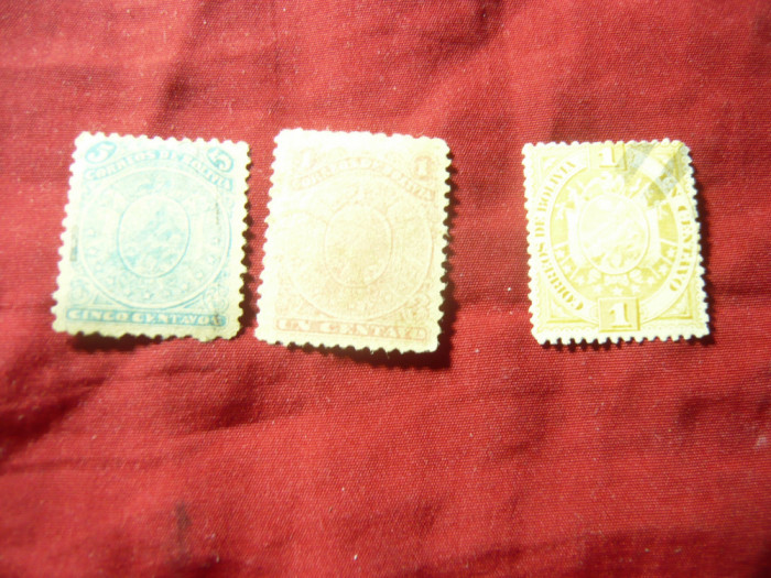 3 Timbre Bolivia 1887 si 1894 - Stema ,stampilate