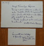 2 carti postale cu dedicatie catre Petre Oprea, prima scrisa de Mircea Deac iar secunda, de pictorul Marius Bunescu