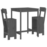Set bar de gradina, 3 piese, gri, lemn masiv de pin