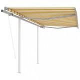 VidaXL Copertină retractabilă automat, cu st&acirc;lpi, galben&amp;alb 3,5x2,5 m