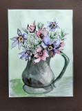 Cană cu flori - tablou, acuarelă nesemnată, Acuarela, Impresionism
