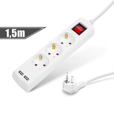 Prelungitor 3 - 3 x 1,5 mm - 1,5 m - cu 2 x USB - cu buton foto