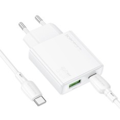 INCARCATOR retea Borofone &quot;BN24&quot; , Quick Charge 20W, 1 x USB, 1 x USB Type-C, include cablu USB Type-C la USB Type-C 1m, alb &quot;6941991115653&quot; (timbru v