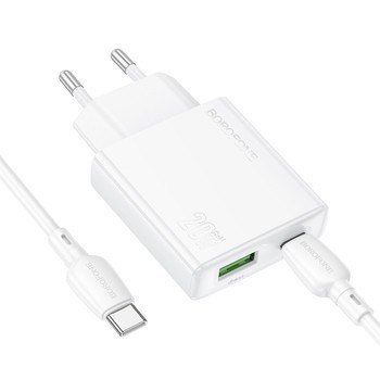 INCARCATOR retea Borofone &amp;quot;BN24&amp;quot; , Quick Charge 20W, 1 x USB, 1 x USB Type-C, include cablu USB Type-C la USB Type-C 1m, alb &amp;quot;694199111