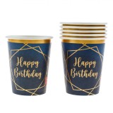 Set Pahare Petrecere, Happy Birthday, Capacitate 240 ml, Albastru, Auriu, 6 Bucăți, Oem