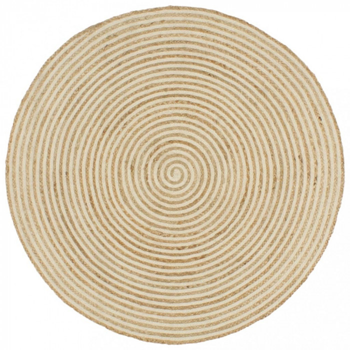 Covor lucrat manual cu model spiralat, alb, 90 cm, iută