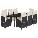 Set mobilier de gradina cu perne, 9 piese, negru, poliratan