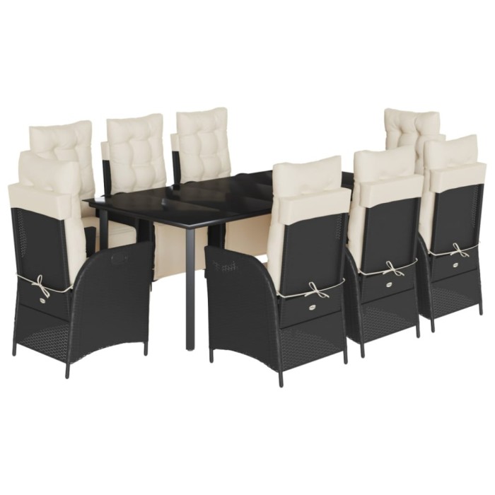 Set mobilier de gradina cu perne, 9 piese, negru, poliratan