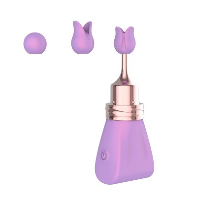 Mini Vibrator Lilac Bow cu 3 Accesorii Interschimbabile, 10 Moduri Vibratii, Silicon, ABS, USB, Lila, 8.8 cm, Guilty Toys foto