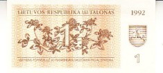 B11 1 - Bancnota foarte veche - Lituania - 1 talon - 1992