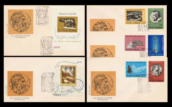 1975 Romania - 5 FDC Anul Ocrotirii Monumentelor (serie + 2 colite) LP 885, LP 886, LP 887