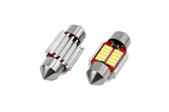 Set 2 becuri auto Vertex LED , C5W SV8.5-8, 10SMD 4014, 2W, 31mm, Canbus, 12-24V, leduri alb sofit Festoon