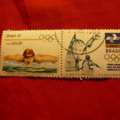Timbru Brazilia 1991 cu vigneta , 300 crs Jocuri Olimpice Panamericane- Natatie.
