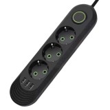 Prelungitor 3 prize cu intrerupator, 3 x USB, 3M, 2500 W, protector de supratensiune, negru