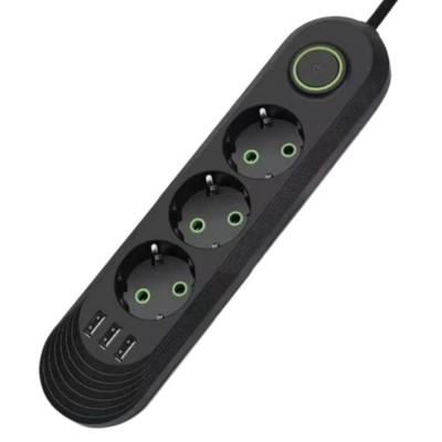 Prelungitor 3 prize cu intrerupator, 3 x USB, 3M, 2500 W, protector de supratensiune, negru foto