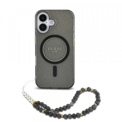 Husa MagSafe pentru Apple iPhone 16, Guess, IML Glitter with Pearl Strap, Neagra foto