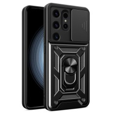 Husa telefon compatibila samsung galaxy s24 ultra, protectie camera slide/snap soft premium, magnetic ring holder, popgrip, anti-shock, negru foto