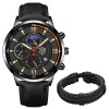 Set Cadou Barbati Deyros Auriu: Ceas Quartz, Bratara Piele Eco, Cutie Cadou. Elegant, Clasic, Cadran Negru-Auriu, Curea Neagra
