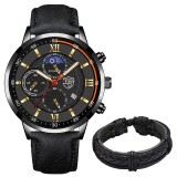 Cumpara ieftin Set Cadou Barbati Deyros Auriu: Ceas Quartz, Bratara Piele Eco, Cutie Cadou. Elegant, Clasic, Cadran Negru-Auriu, Curea Neagra