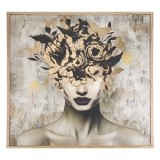 Tablou in ulei, Femeie cu flori si fluturi, Rama din plastic cu aspect de lemn, 60x60x2,5 cm, Negru si auriu, CMCLASS