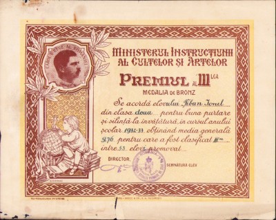 A2776N Diplomă Medalia de bronz școlară, premiul a III-lea, Oradea, 1933 foto