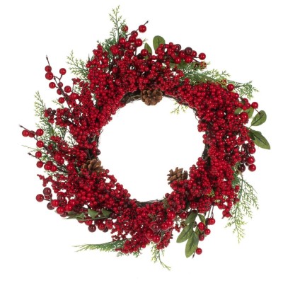 Coroniță Decorativă Crăciun, 55 cm, Roșu, Conuri și Pomușoare foto