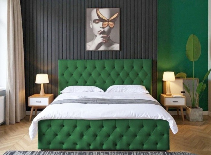 Pat Bravo 180x200 cm Lada Depozitare Tapitat Catifea Verde Somiera Inclusa