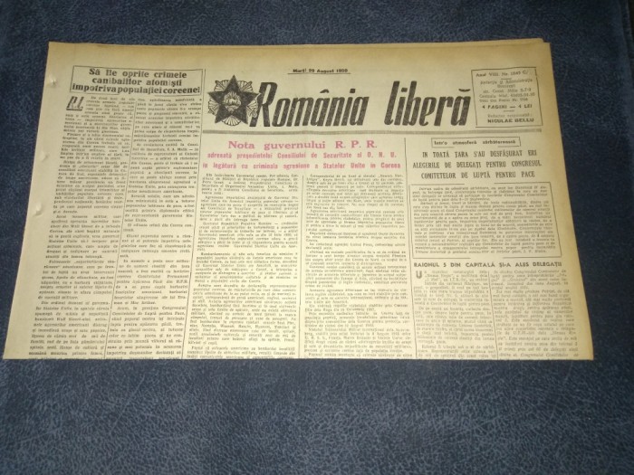 ZIARUL ROMANIA LIBERA 29 AUGUST 1950 RAZBOI COREEA