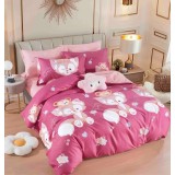 Lenjerie pat single,bumbac finet,4 piese,cearceaf normal,roz cu pisicute-A946
