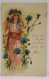 TANARA DOMNITA , INCONJURATA DE FLORI ALBASTRE , CROMOLITOGRAFIE , EMBOSATA , CARTE POSTALA , CLASICA