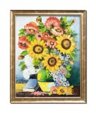 Cumpara ieftin Tablou vaza cu floarea soarelui, maci, albastrele si carte, pictat manual inramat, 55x45cm ulei pe panza, Constantin Feraru