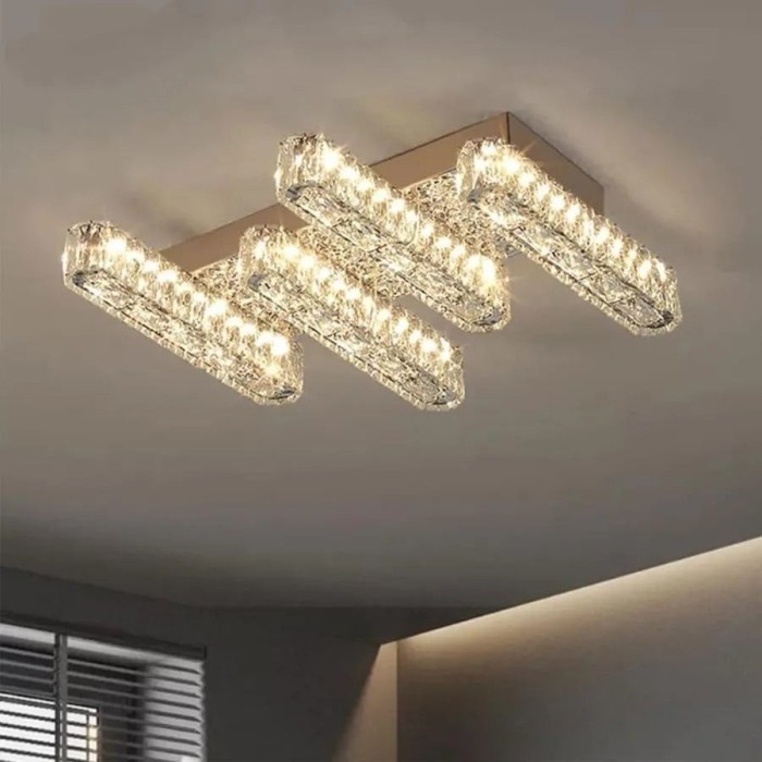 Lustra LED cu telecomanda si cristal PRISCILA 80W, 4 Elemente, Liniara, lumina Rece/Calda/Neutra, Dimabila, Crom Lucios ModernLight Concept