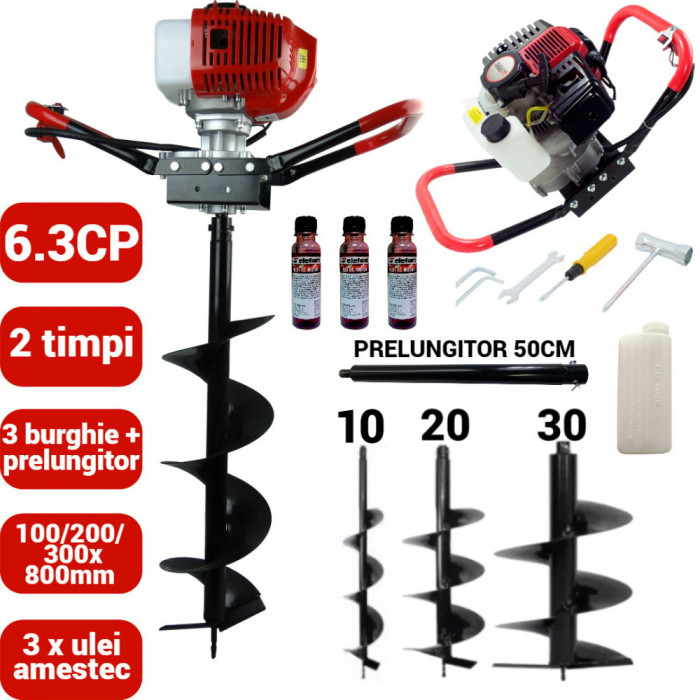 Motoburghiu foreza pamant gheata 6.3CP + 3 burghie + prelungitor 50cm + ulei amestec (BAVGD-6300+100 200 300+U+)