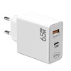 Adaptor pentru incarcator, 65W, 2 porturi, 1 USB + 1 tip C, incarcare rapida, USB pentru telefon mobil, alb