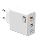 Adaptor pentru incarcator, 65W, 2 porturi, 1 USB + 1 tip C, incarcare rapida, USB pentru telefon mobil, alb