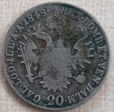 (A815) MONEDA DIN ARGINT AUSTRIA - 20 KREUZER 1848, LIT. E (ALBA IULIA) MAI RARA foto