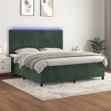 vidaXL Pat cu arcuri, saltea și LED, verde &icirc;nchis, 180x200 cm, catifea